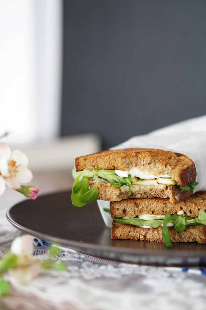 Gegrilltes Schwarzbrot Mozzarella Sandwich mit Feldsalat 3