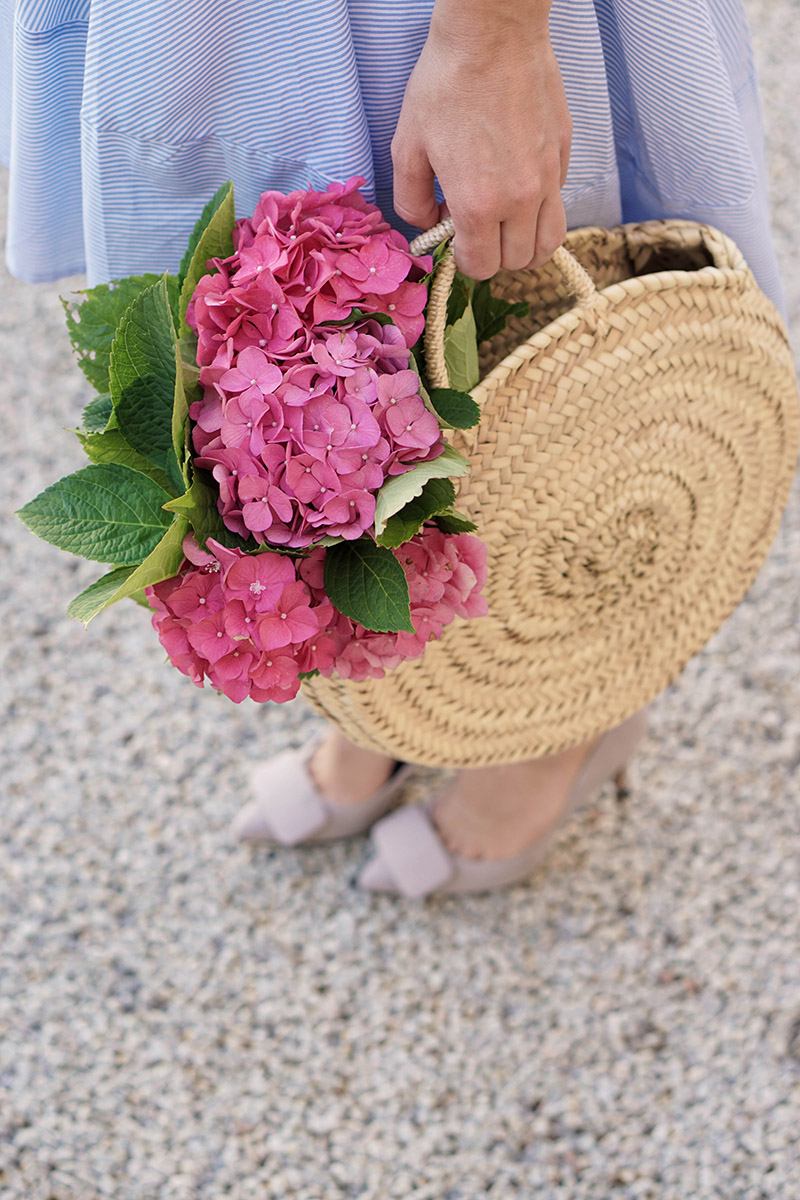 gestreiftes leichtes Sommerkleid und Basket Bag